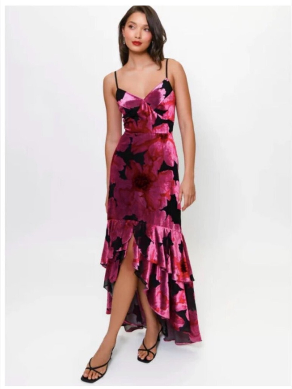 HUTCH Royce Floral Velvet Burnout Hi-Lo Slip Dress - 2
